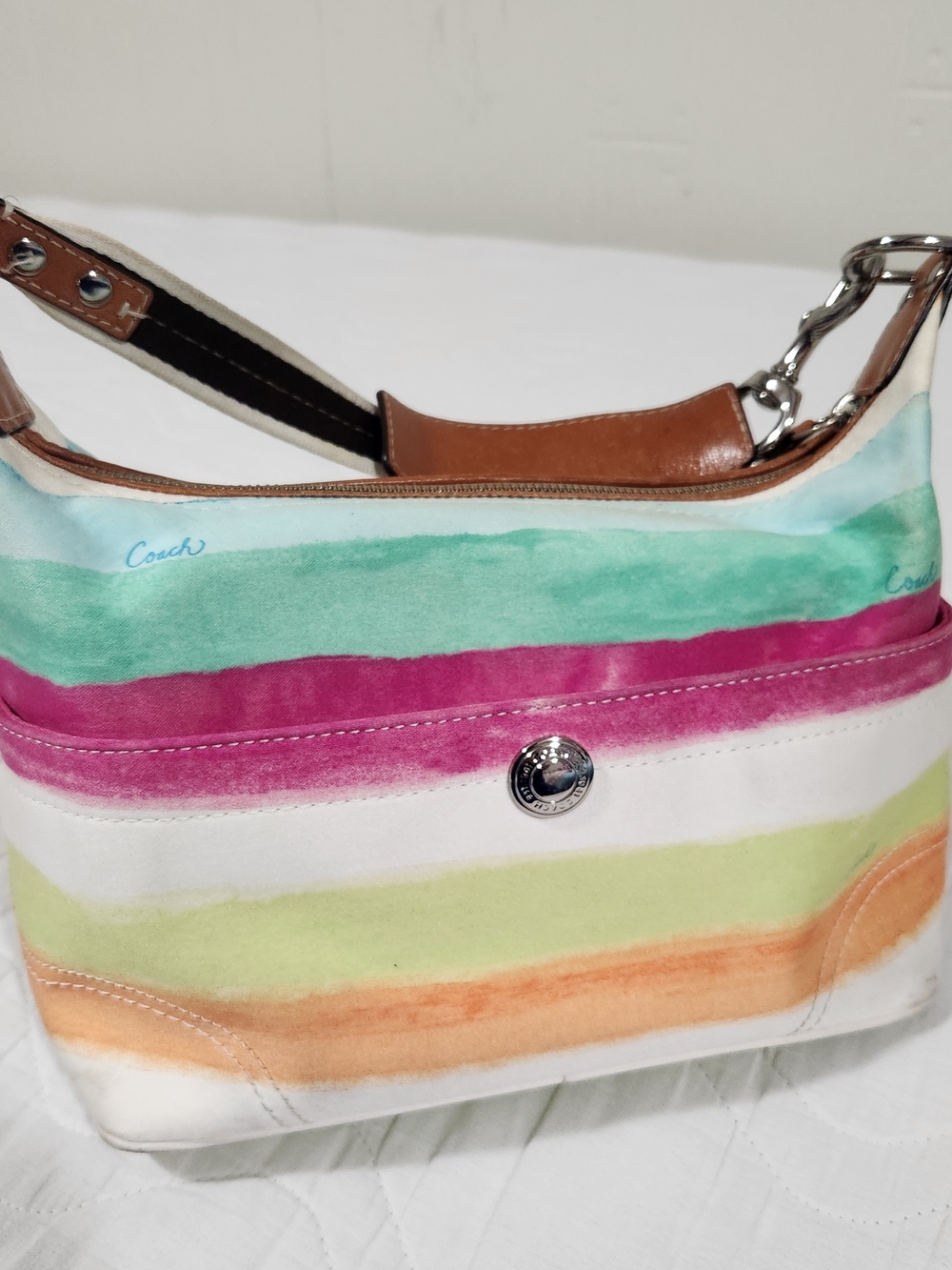 Coach Watercolor Stripe Shoulder Bag in Teal, Magenta & Orange